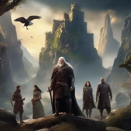 Create a captivating movie poster featuring a diverse cast of characters in an epic fantasy setting