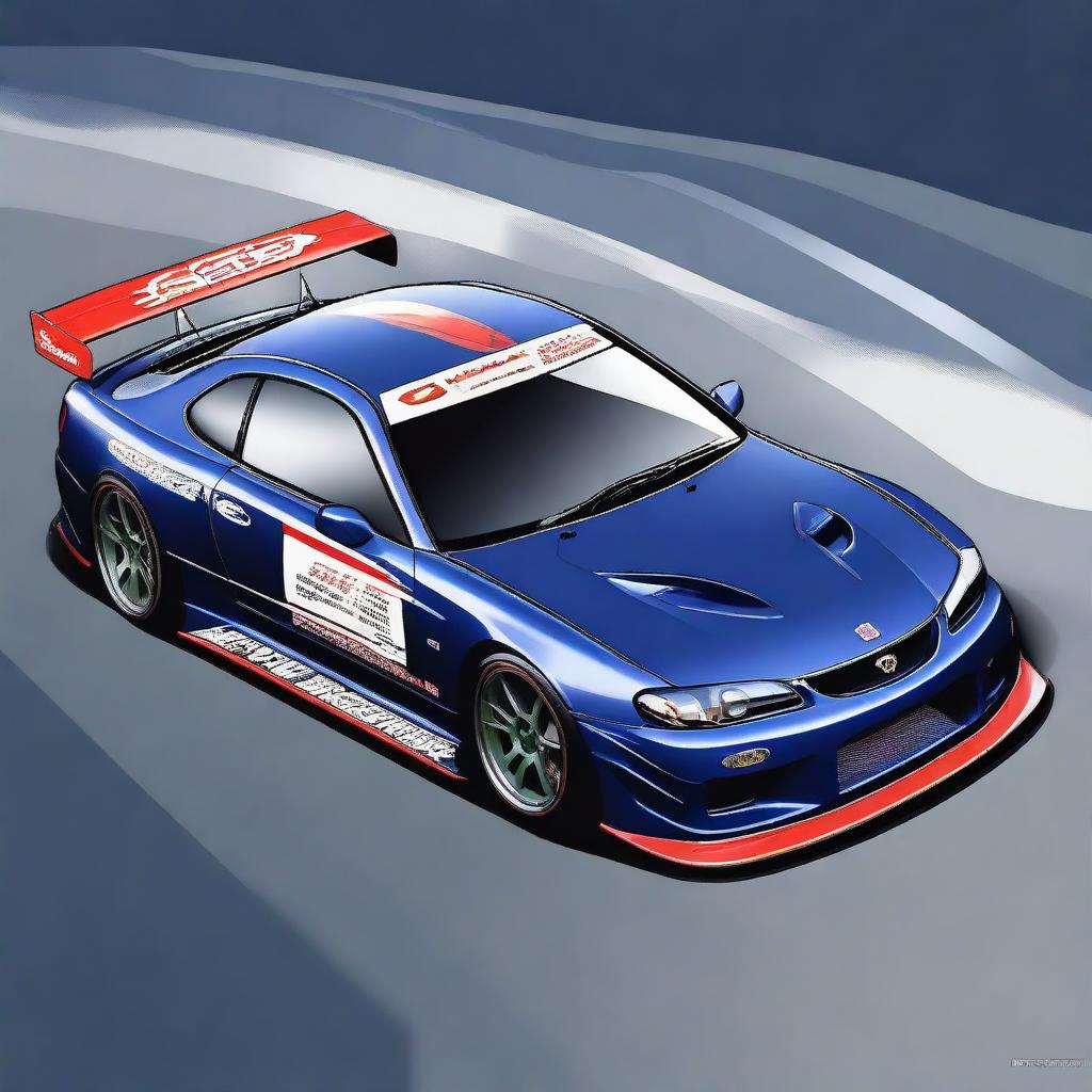 A detailed image of a Nissan S15 track car in dark midnight blue color featuring a JDM JGTC touring car inspired livery