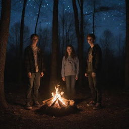 Four teenagers standing by a bonfire in the woods at night. There are three teenage boys and one teenage girl gathered around a blazing pentagram, engrossed in a witchy scene surrounded by trees under a starlit sky.