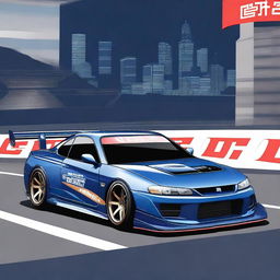 A detailed image of a Nissan S15 track car in dark midnight blue color featuring a JDM JGTC touring car inspired livery