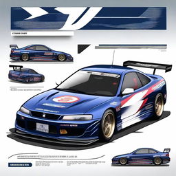 A detailed image of a Nissan S15 track car in dark midnight blue color featuring a JDM JGTC touring car inspired livery