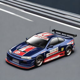 A detailed image of a Nissan S15 track car in dark midnight blue color featuring a JDM JGTC touring car inspired livery