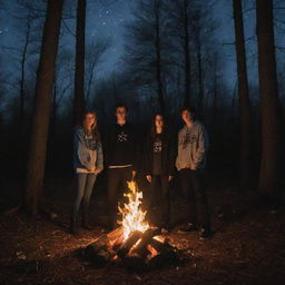 Four teenagers standing by a bonfire in the woods at night. There are three teenage boys and one teenage girl gathered around a blazing pentagram, engrossed in a witchy scene surrounded by trees under a starlit sky.