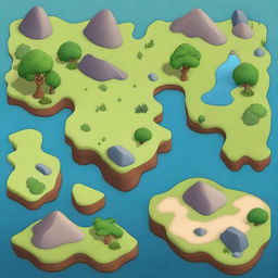 Create a detailed tilemap featuring various terrains such as grass, water, sand, and mountains