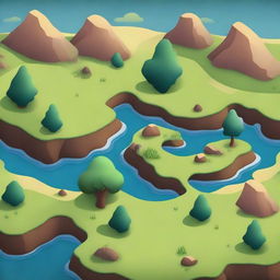 Create a detailed tilemap featuring various terrains such as grass, water, sand, and mountains