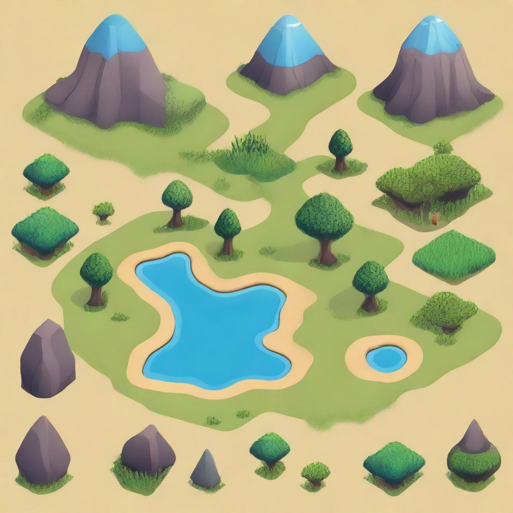 Create a detailed tilemap featuring various terrains such as grass, water, sand, and mountains