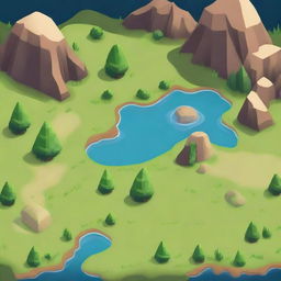 Create a detailed tilemap featuring various terrains such as grass, water, sand, and mountains