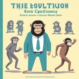 A book cover titled 'The Evolution of Comedy' featuring a humorous illustration of a monkey evolving into a modern man, with each stage of evolution showing them sticking a dead fish in their pants