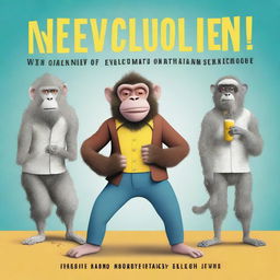 A book cover titled 'The Evolution of Comedy' featuring a humorous illustration of a monkey evolving into a modern man, with each stage of evolution showing them sticking a dead fish in their pants