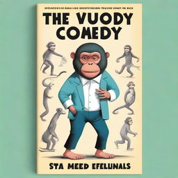 A book cover titled 'The Evolution of Comedy' featuring a humorous illustration of a monkey evolving into a modern man, with each stage of evolution showing them sticking a dead fish in their pants