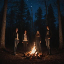 Four teenagers standing by a bonfire in the woods at night. There are three teenage boys and one teenage girl gathered around a blazing pentagram, engrossed in a witchy scene surrounded by trees under a starlit sky.