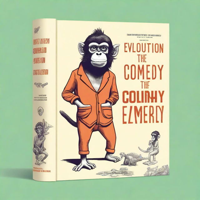 A book cover titled 'The Evolution of Comedy' featuring a humorous illustration of a monkey evolving into a modern man, with each stage of evolution showing them sticking a dead fish in their pants