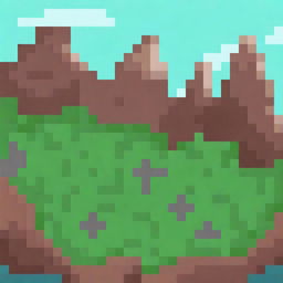 Create a detailed 32x32 pixel tilemap featuring various terrains such as grass, water, sand, and mountains