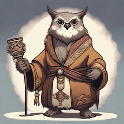 An owlbear shaman monk of the highest level, inspired by the character Skips from Regular Show