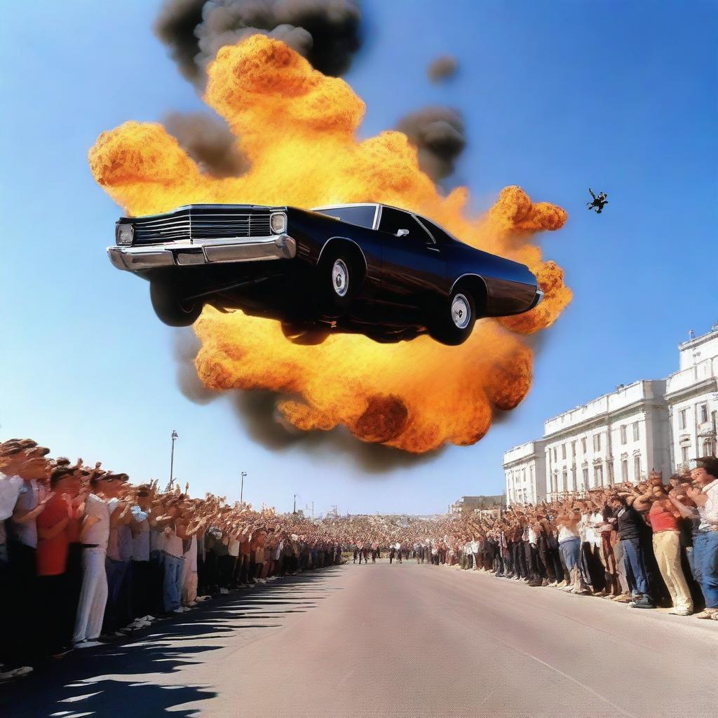 A dynamic and action-packed scene featuring a stuntman performing a daring jump over a row of cars