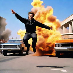 A dynamic and action-packed scene featuring a stuntman performing a daring jump over a row of cars