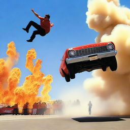 A dynamic and action-packed scene featuring a stuntman performing a daring jump over a row of cars