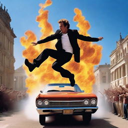 A dynamic and action-packed scene featuring a stuntman performing a daring jump over a row of cars