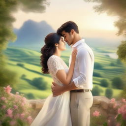 A beautiful scene depicting a loving couple, a man and a woman, embracing each other in a serene environment