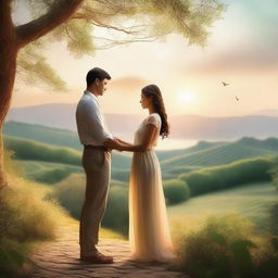 A beautiful scene depicting a loving couple, a man and a woman, embracing each other in a serene environment