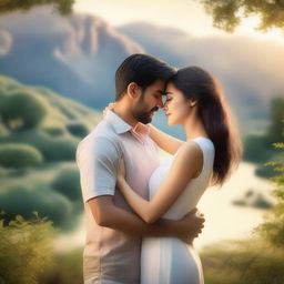 A beautiful scene depicting a loving couple, a man and a woman, embracing each other in a serene environment