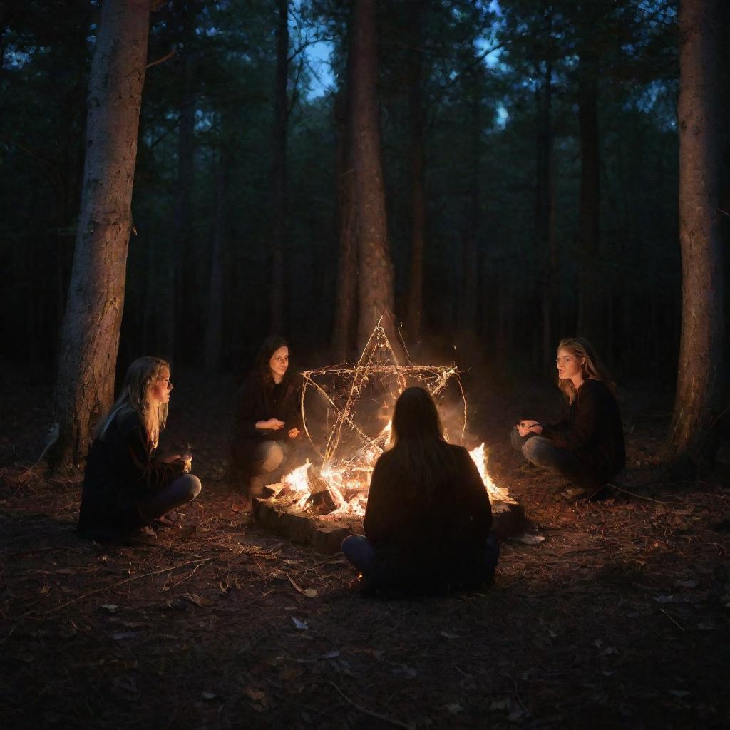 In the heart of the forest at night, a bonfire illuminates a pentagram with an aura of mystic intensity. Gathered around this witchy tableau are four teenagers: three boys and a single girl, each engrossed in the spectacle.