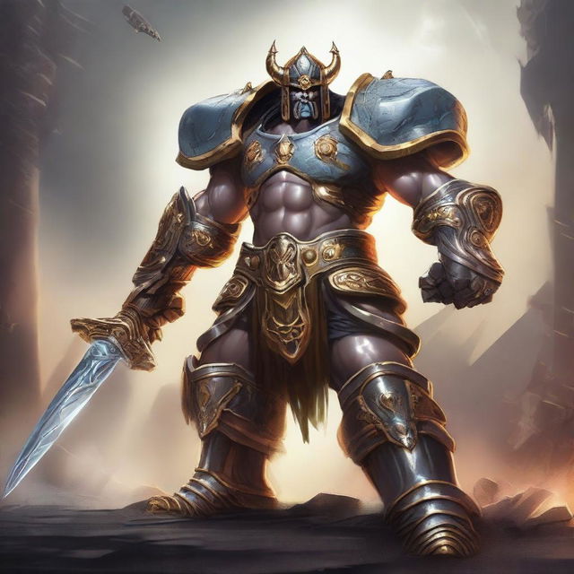 Create an image of a divine robot barbarian with an epic background