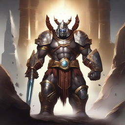 Create an image of a divine robot barbarian with an epic background