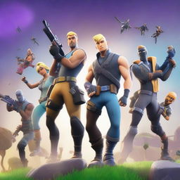 Create a game cover featuring animated characters in the style of Fortnite