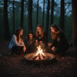 In the heart of the forest at night, a bonfire illuminates a pentagram with an aura of mystic intensity. Gathered around this witchy tableau are four teenagers: three boys and a single girl, each engrossed in the spectacle.