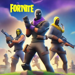 Create a game cover featuring animated characters in the style of Fortnite