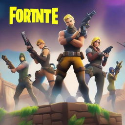 Create a game cover featuring animated characters in the style of Fortnite