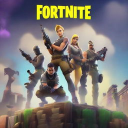 Create a game cover featuring animated characters in the style of Fortnite