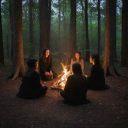 In the heart of the forest at night, a bonfire illuminates a pentagram with an aura of mystic intensity. Gathered around this witchy tableau are four teenagers: three boys and a single girl, each engrossed in the spectacle.