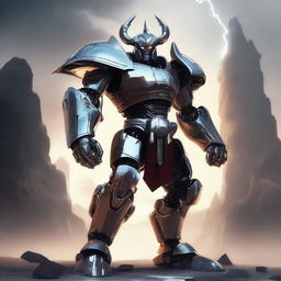 Create an image of a robot barbarian with a divine aura