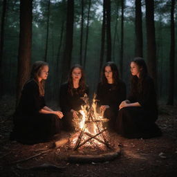 In the heart of the forest at night, a bonfire illuminates a pentagram with an aura of mystic intensity. Gathered around this witchy tableau are four teenagers: three boys and a single girl, each engrossed in the spectacle.