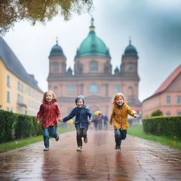 Create an image of kids playing under the rain in remarkable places in Germany