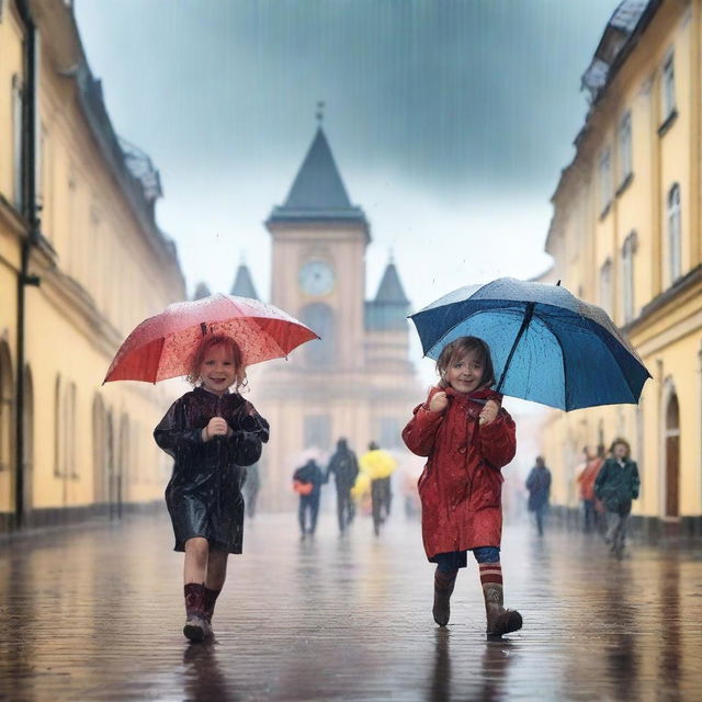 Create an image of kids playing under the rain in remarkable places in Germany