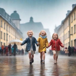 Create an image of kids playing under the rain in remarkable places in Germany