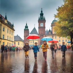 Create an image of kids playing under the rain in remarkable places in Germany