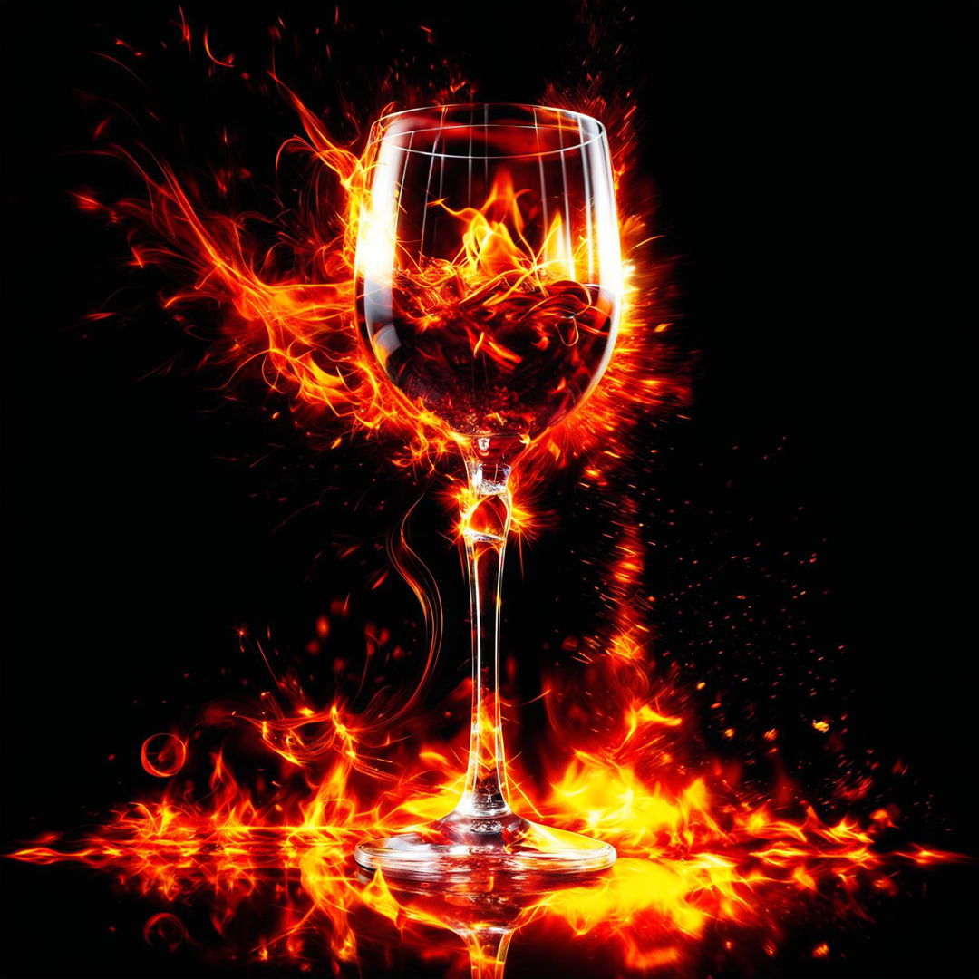 A digital art piece featuring a crystal-clear wine glass filled with ruby-red wine in front of a roaring fire.