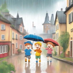 Create an image of kids playing under the rain in remarkable places in Germany