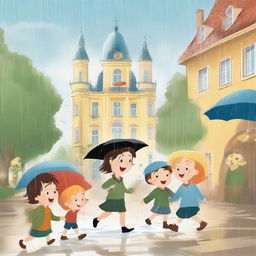 Create an image of kids playing under the rain in remarkable places in Germany