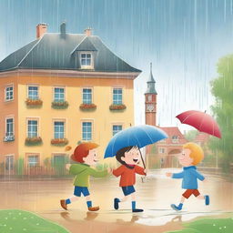 Create an image of kids playing under the rain in remarkable places in Germany