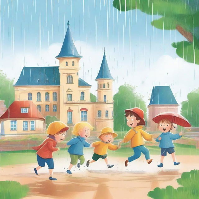 Create an image of kids playing under the rain in remarkable places in Germany