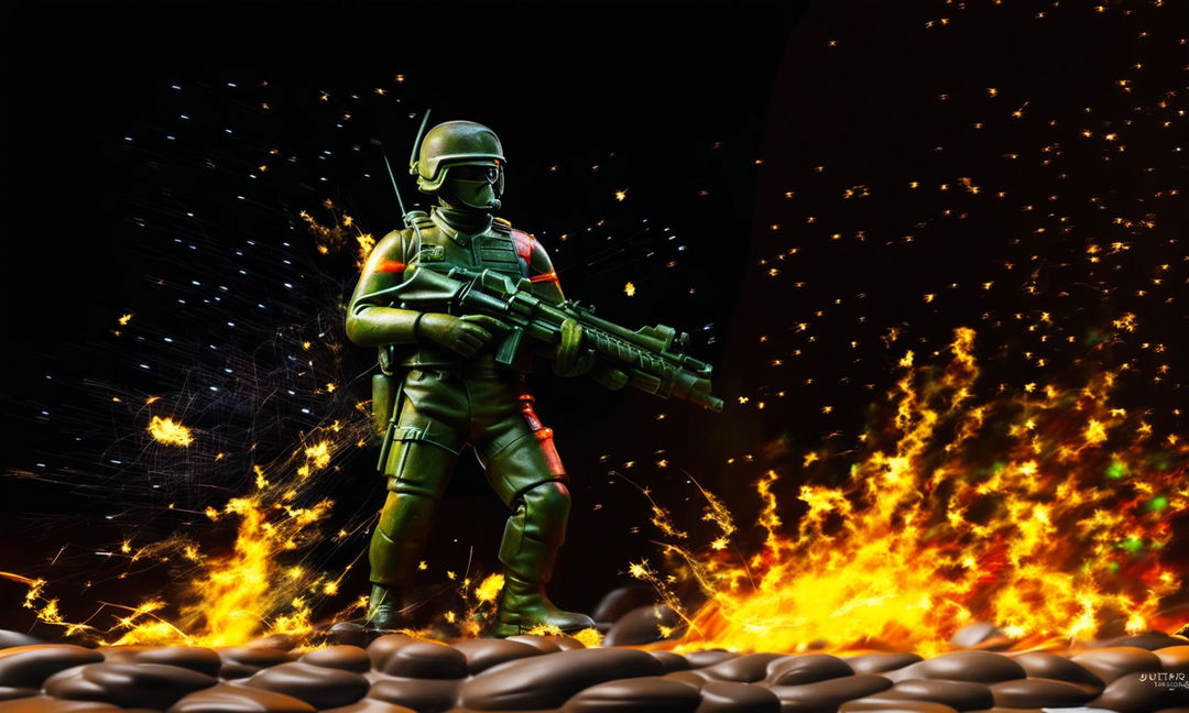 A digital art piece featuring a toy soldier standing amidst a blazing fire.