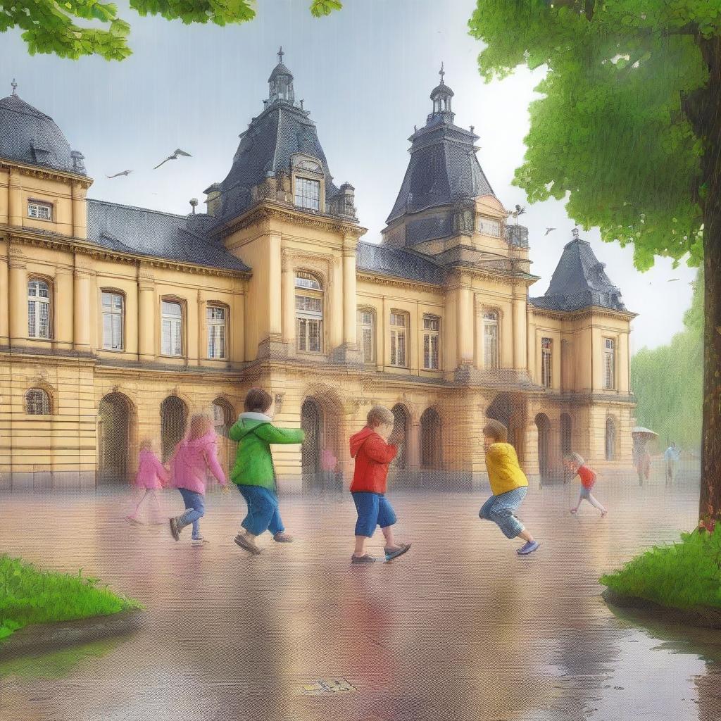 Create an image of kids playing under the rain in remarkable places in Germany