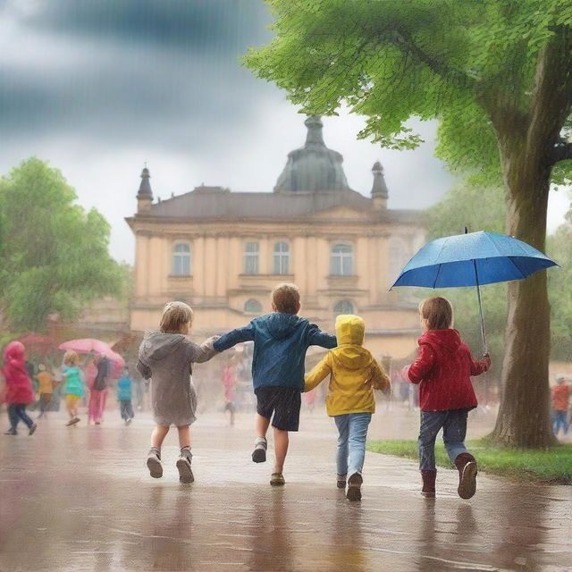 Create an image of kids playing under the rain in remarkable places in Germany