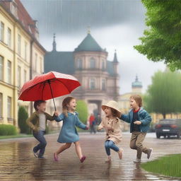 Create an image of kids playing under the rain in remarkable places in Germany