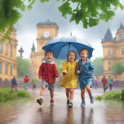 Create an image of kids playing under the rain in remarkable places in Germany